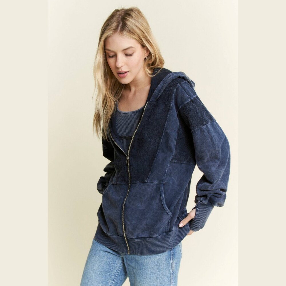 NWT J. Her Mineral Wash Hoodie Zip Jacket Thumbholes Navy Cozy Cotton